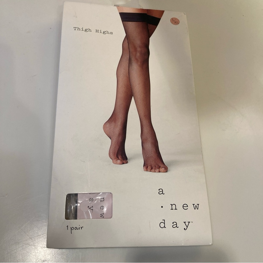 A. New. Day. Fishnet Thigh Highs Lg/XL Black Ebony Stay-Up